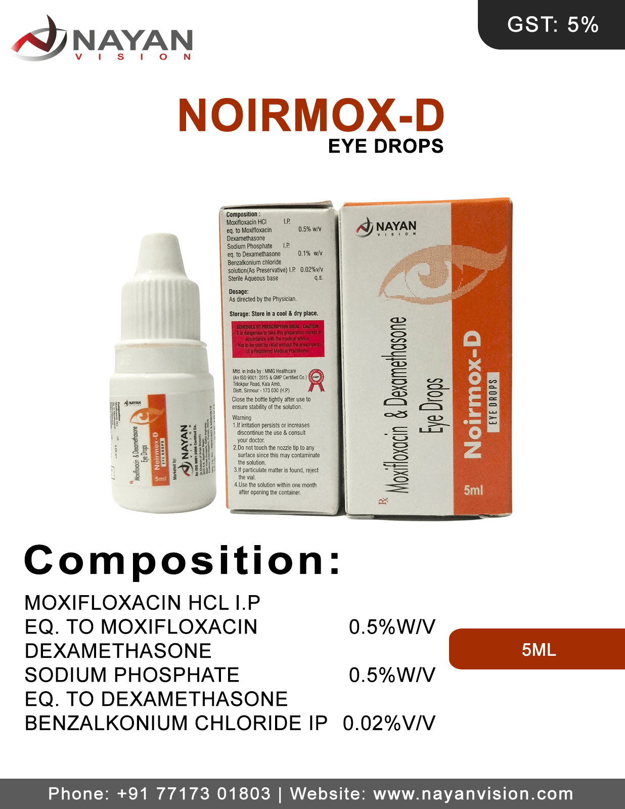 Moxifloxacin 0.5% W/v & Dexamethasone 0.1% w/v Ophthalmic Eye Drops | Noirmox-D Eye Drops