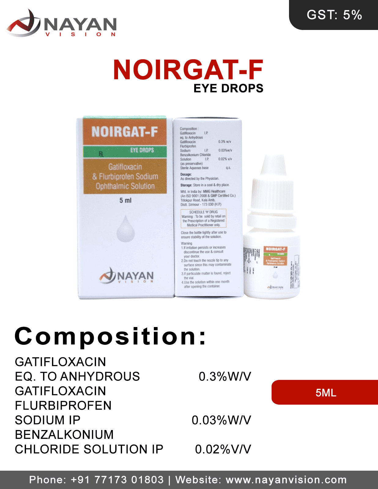 Gatifloxacin 0.3% W/V & Flurbiprofen 0.03% W/V Eye Drops | Noirgat-F Eye Drops
