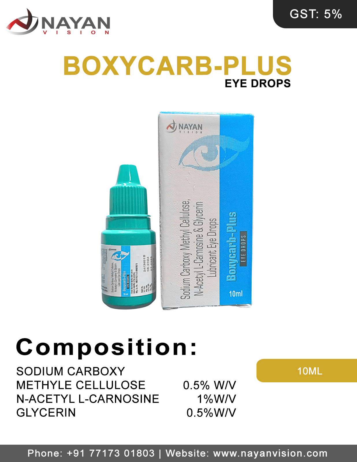 Sodium Carboxy Methyl Cellulose, N-acetyl L-carnosine & Glycerin Lubricant Eye Drops | Boxycarb-Plus Eye Drops